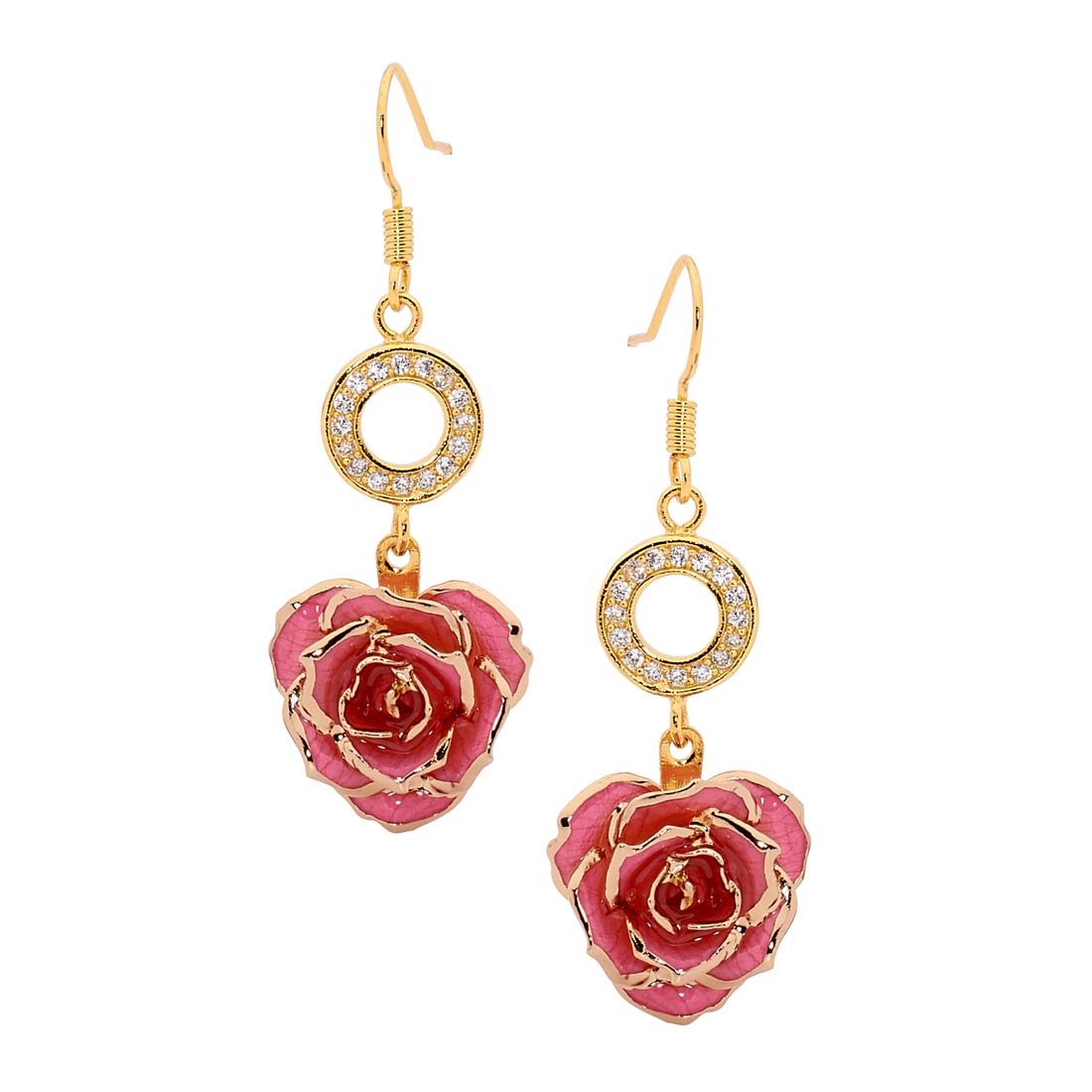 Pink Glazed Rose Earrings in 24K Gold Leaf Style